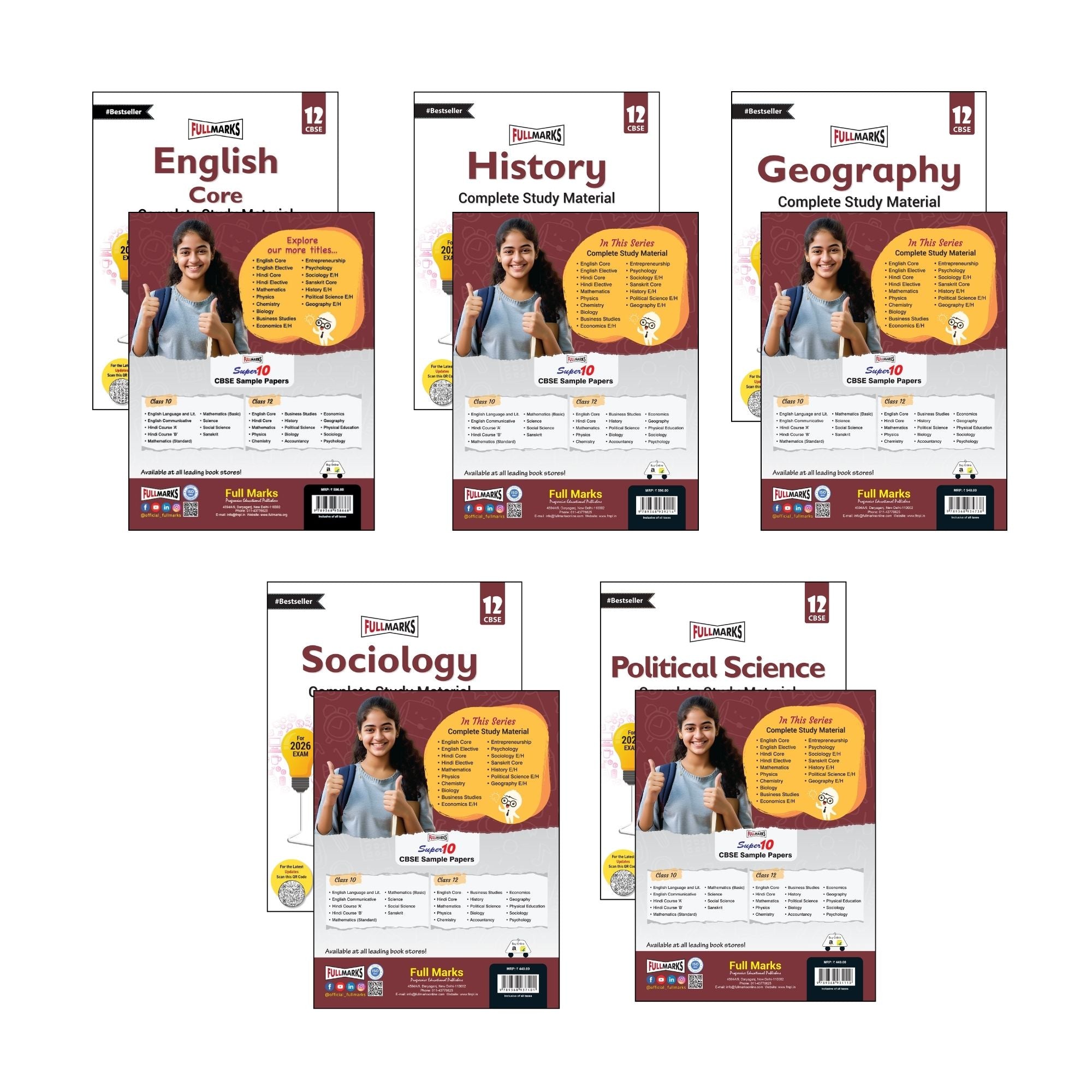 Full Marks Class 12 Combo of 5 Books - English Core + History + Geography + Sociology + Political Science | Complete Study Material