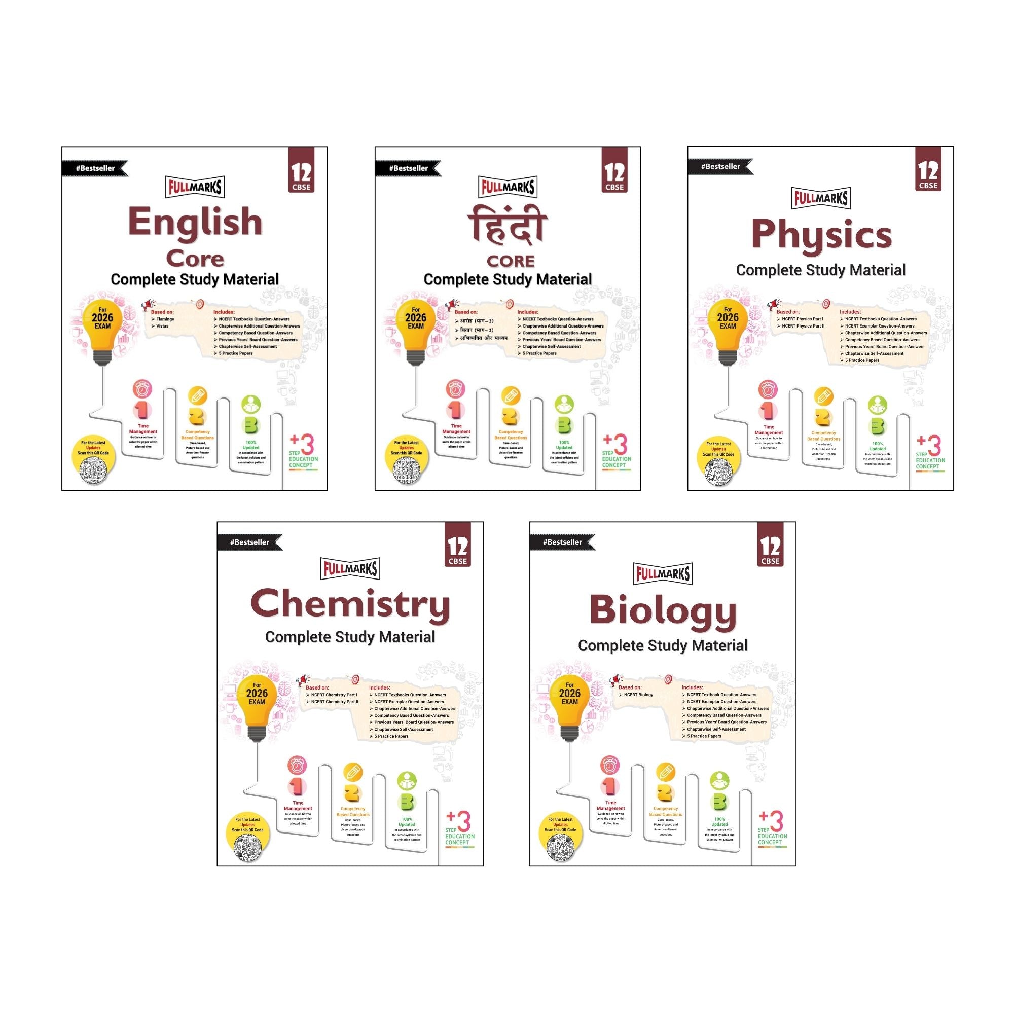 Full Marks Class 12 Combo of 5 Books - English Core + Hindi Core + Physics + Chemistry + Biology | Complete Study Material