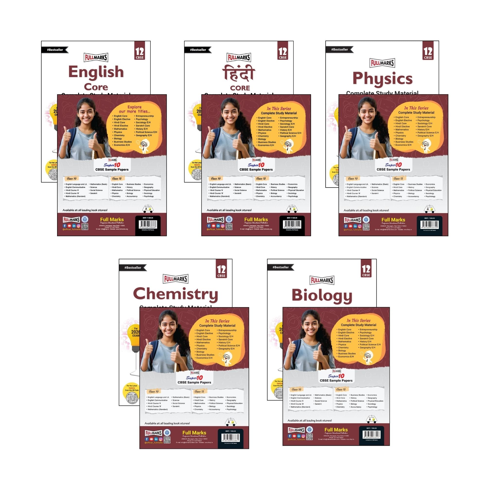 Full Marks Class 12 Combo of 5 Books - English Core + Hindi Core + Physics + Chemistry + Biology | Complete Study Material