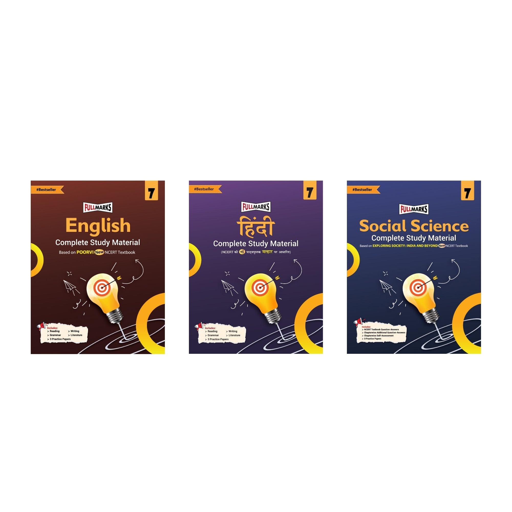Full Marks Class 7 Combo of 3 Books - English (POORVI) + Hindi (MALHAR) + Social Science (EXPLORING SOCIETY) | Complete Study Material