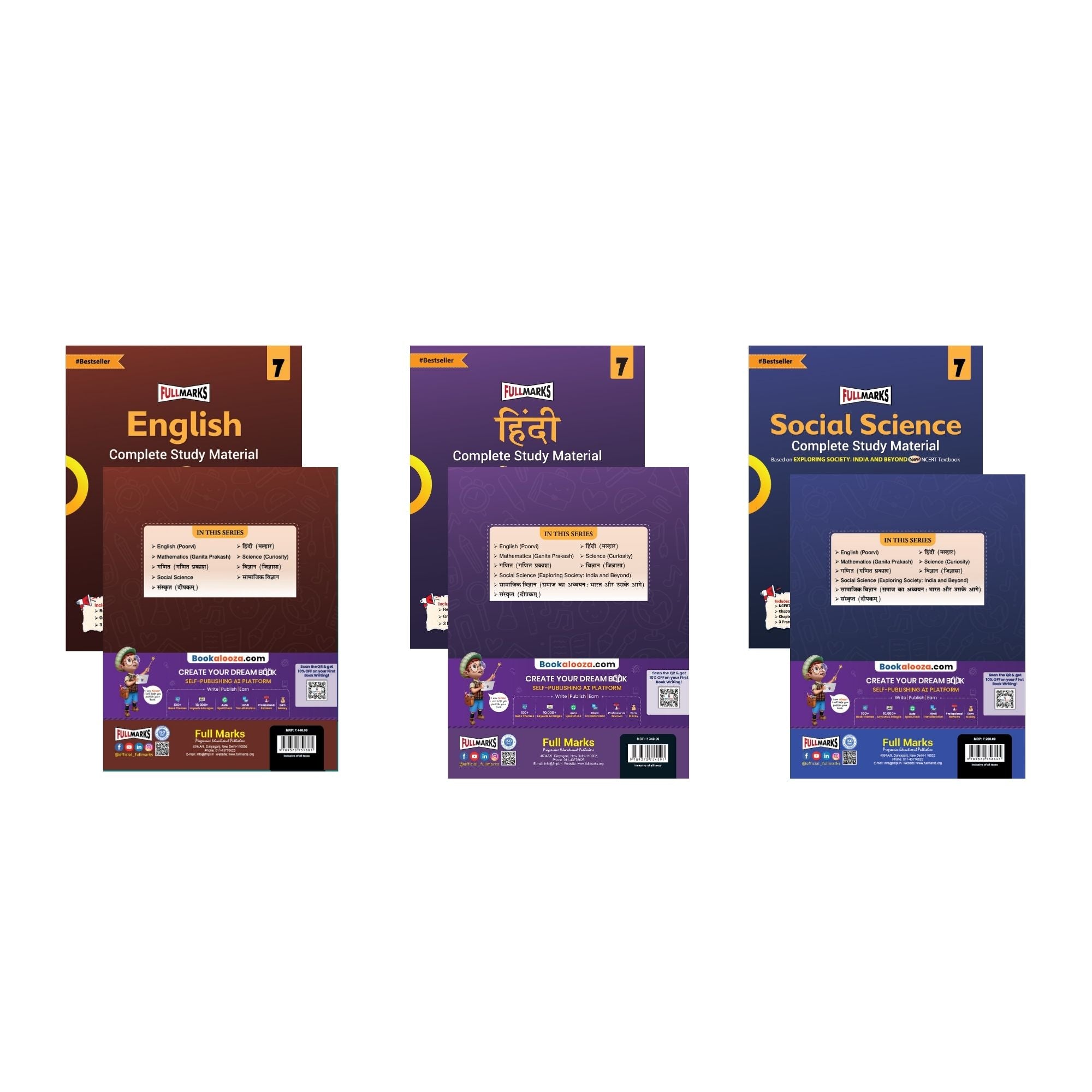Full Marks Class 7 Combo of 3 Books - English (POORVI) + Hindi (MALHAR) + Social Science (EXPLORING SOCIETY) | Complete Study Material