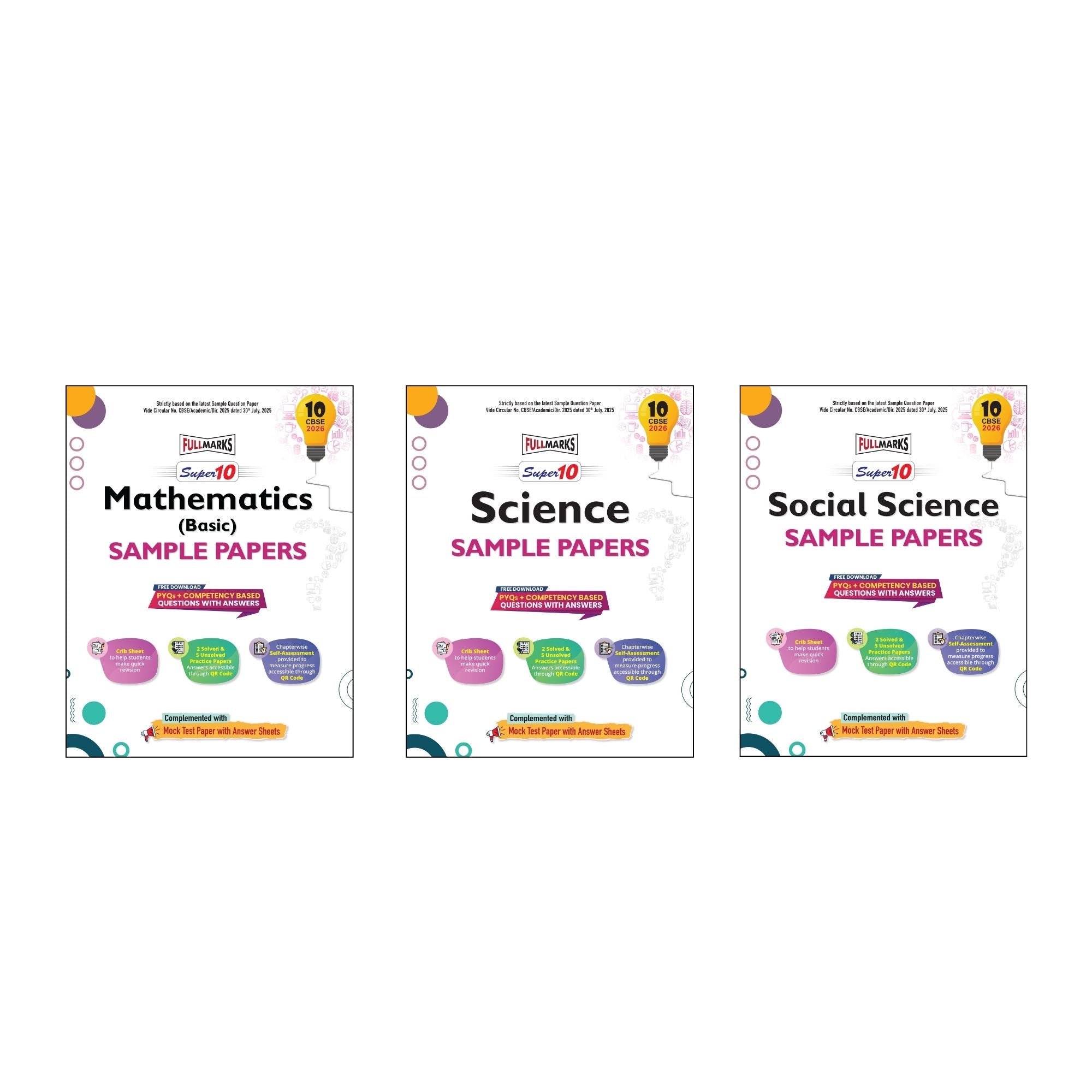 Full Marks Super 10 Sample Paper Combo of 3 for Class 10 – Mathematics Basic + Science + Social Science | Latest Sample Papers for CBSE 2026 Exam