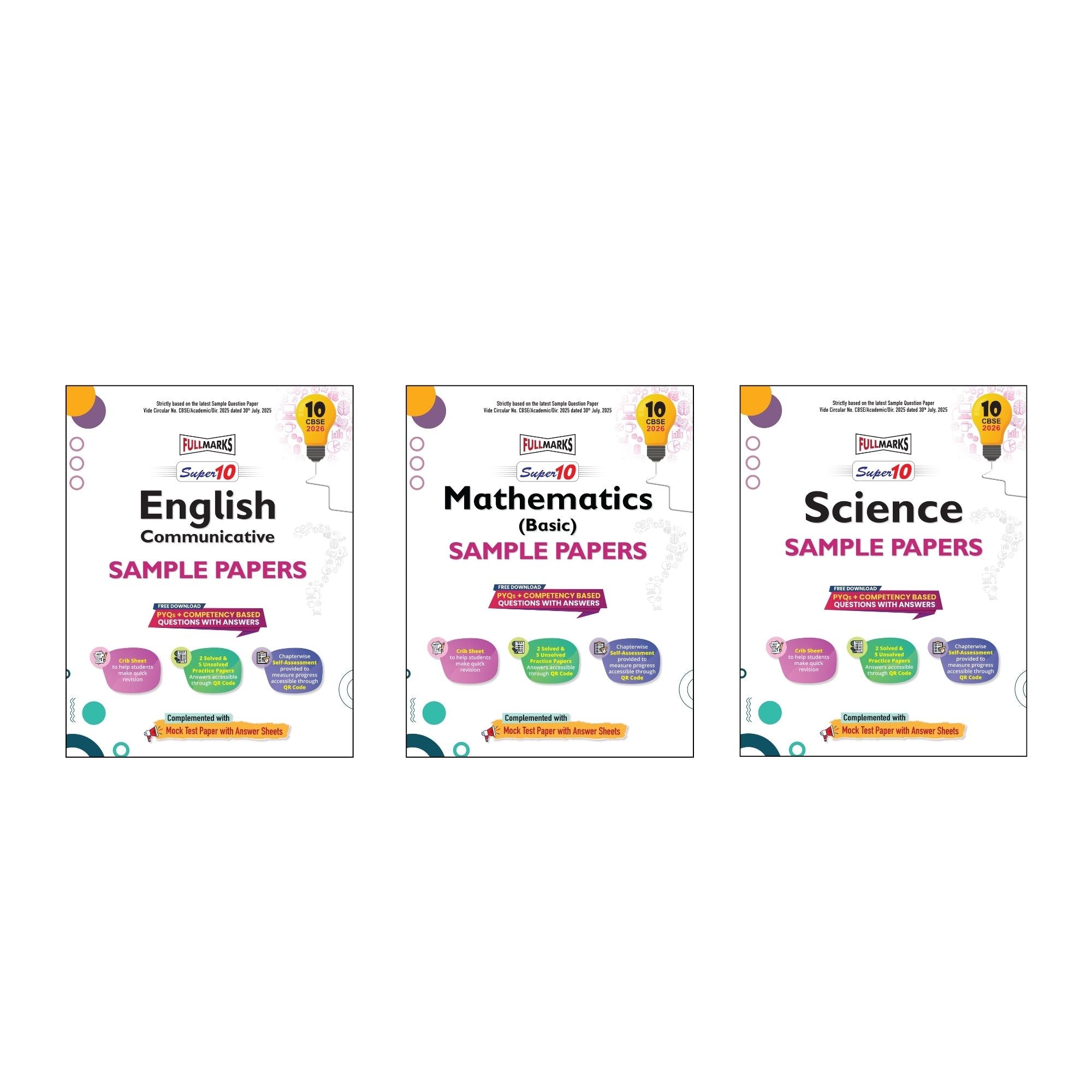 Full Marks Super 10 Sample Paper Combo of 3 for Class 10 – English Communicative + Mathematics Basic + Science | Latest Sample Papers for CBSE 2026 Exam