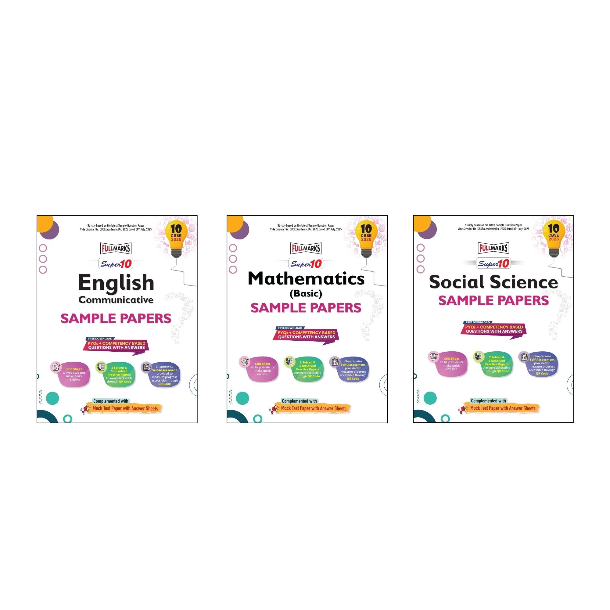 Full Marks Super 10 Sample Paper Combo of 3 for Class 10 – English Communicative + Mathematics Basic + Social Science | Latest Sample Papers for CBSE 2026 Exam