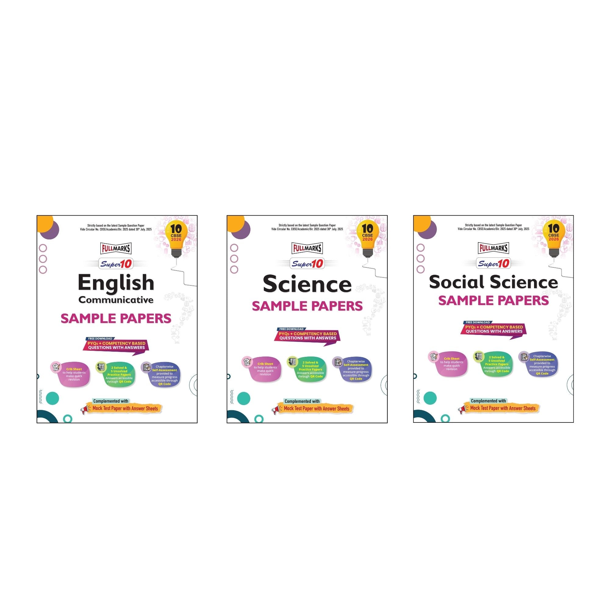 Full Marks Super 10 Sample Paper Combo of 3 for Class 10 – English Communicative + Science + Social Science | Latest Sample Papers for CBSE 2026 Exam