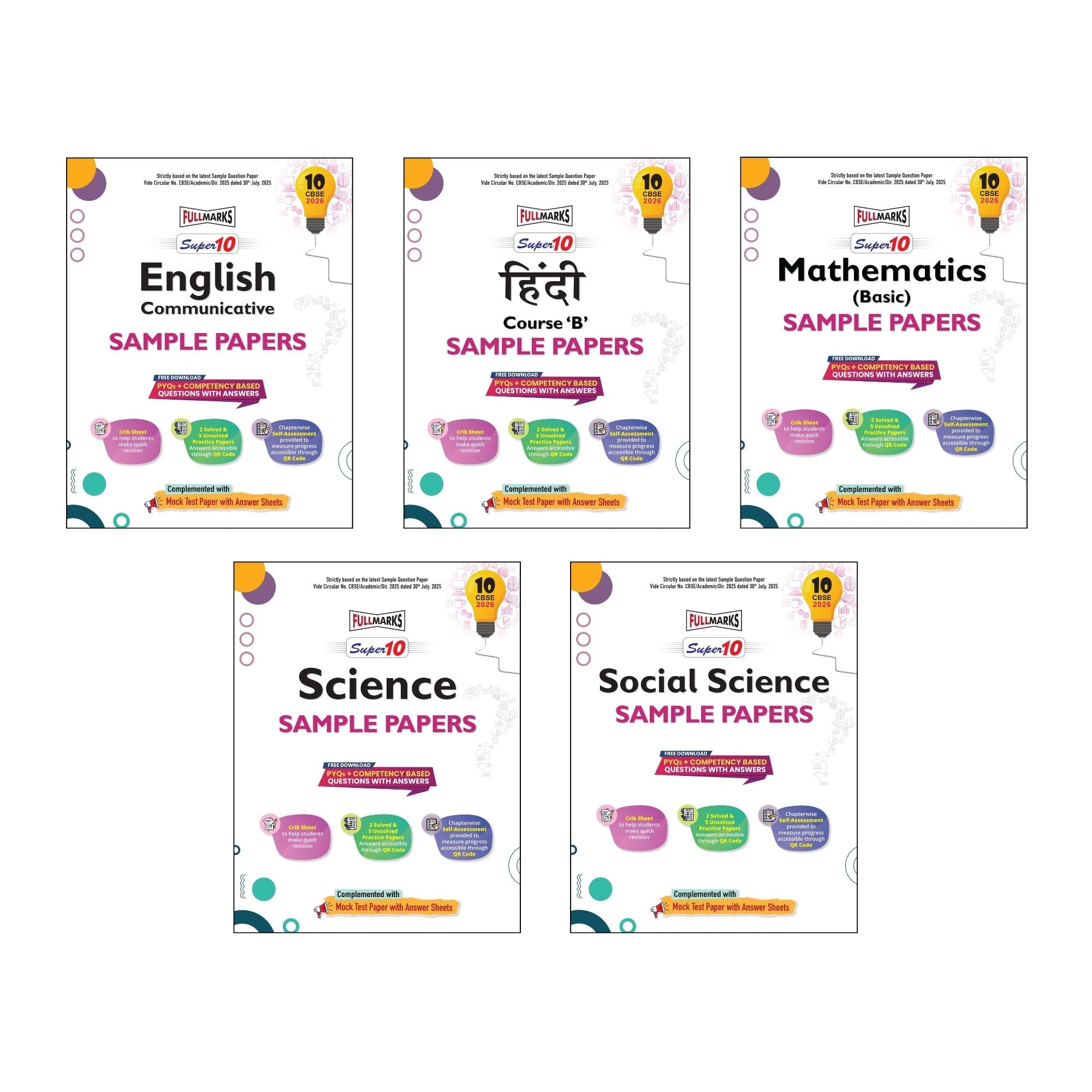 Full Marks Super 10 Sample Paper Combo of 5 for Class 10 – English Communicative + Hindi B + Mathematics Basic + Science + Social Science | Latest Sample Papers for CBSE 2026 Exam