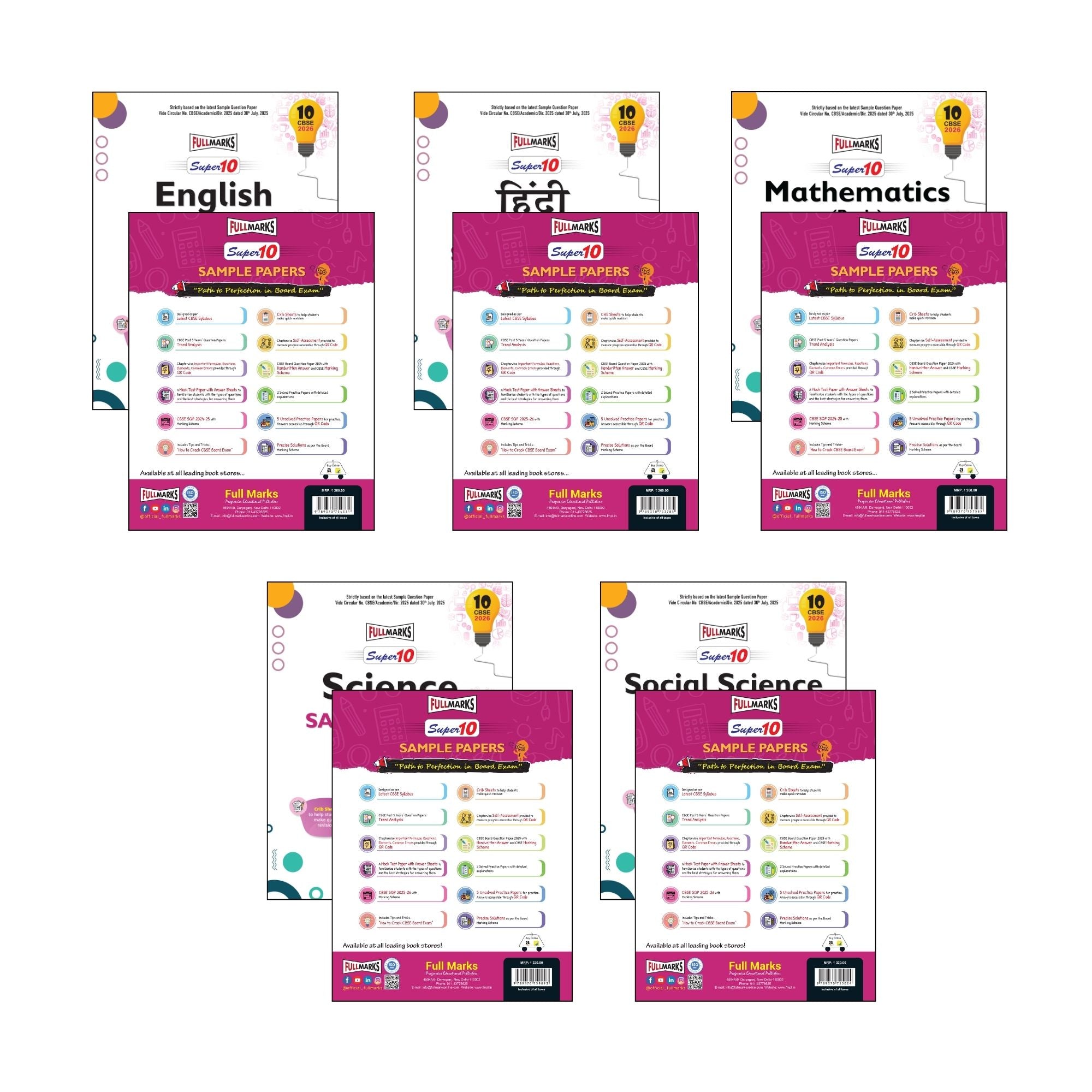 Full Marks Super 10 Sample Paper Combo of 5 for Class 10 – English Communicative + Hindi B + Mathematics Basic + Science + Social Science | Latest Sample Papers for CBSE 2026 Exam