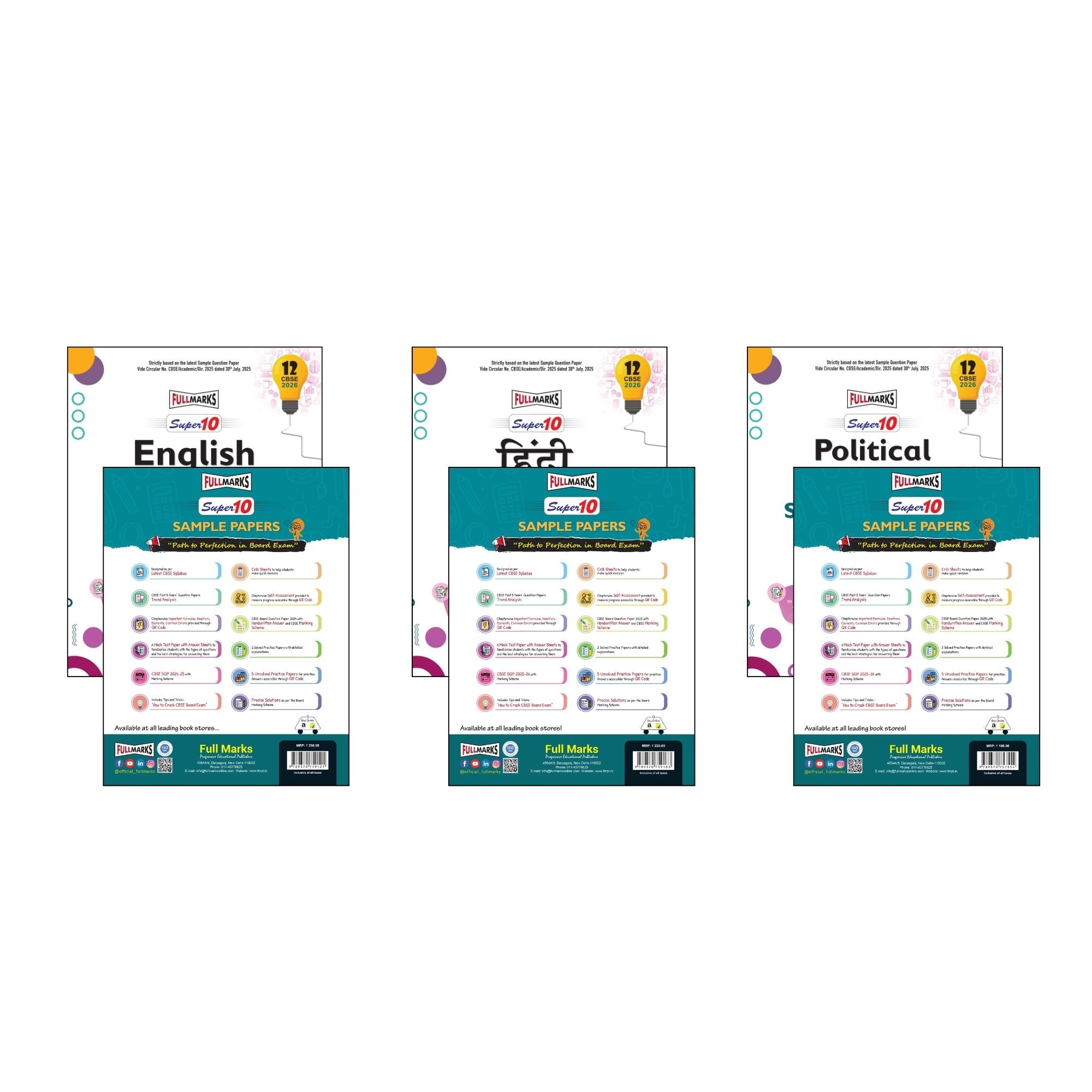 Full Marks Super 10 Sample Paper Combo of 3 for Class 12 – English Core + Hindi Core + Political Science | Latest Sample Papers for CBSE 2026 Exam
