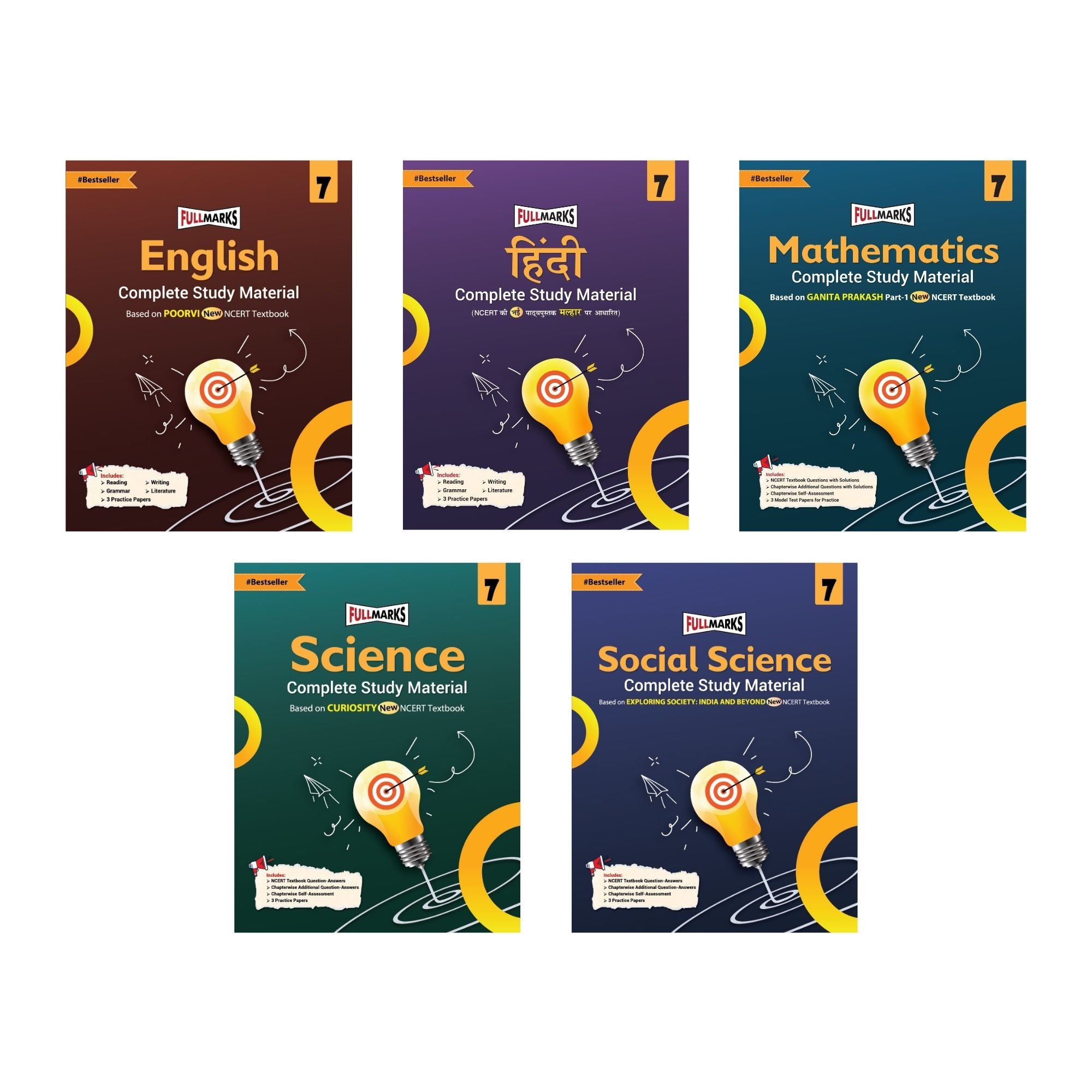 Full Marks Class 7 Combo of 5 Books - English (POORVI) + Hindi (MALHAR) + Mathematics (GANITA PRAKASH) + Science (CURIOSITY) + Social Science (EXPLORING SOCIETY) | Complete Study Material