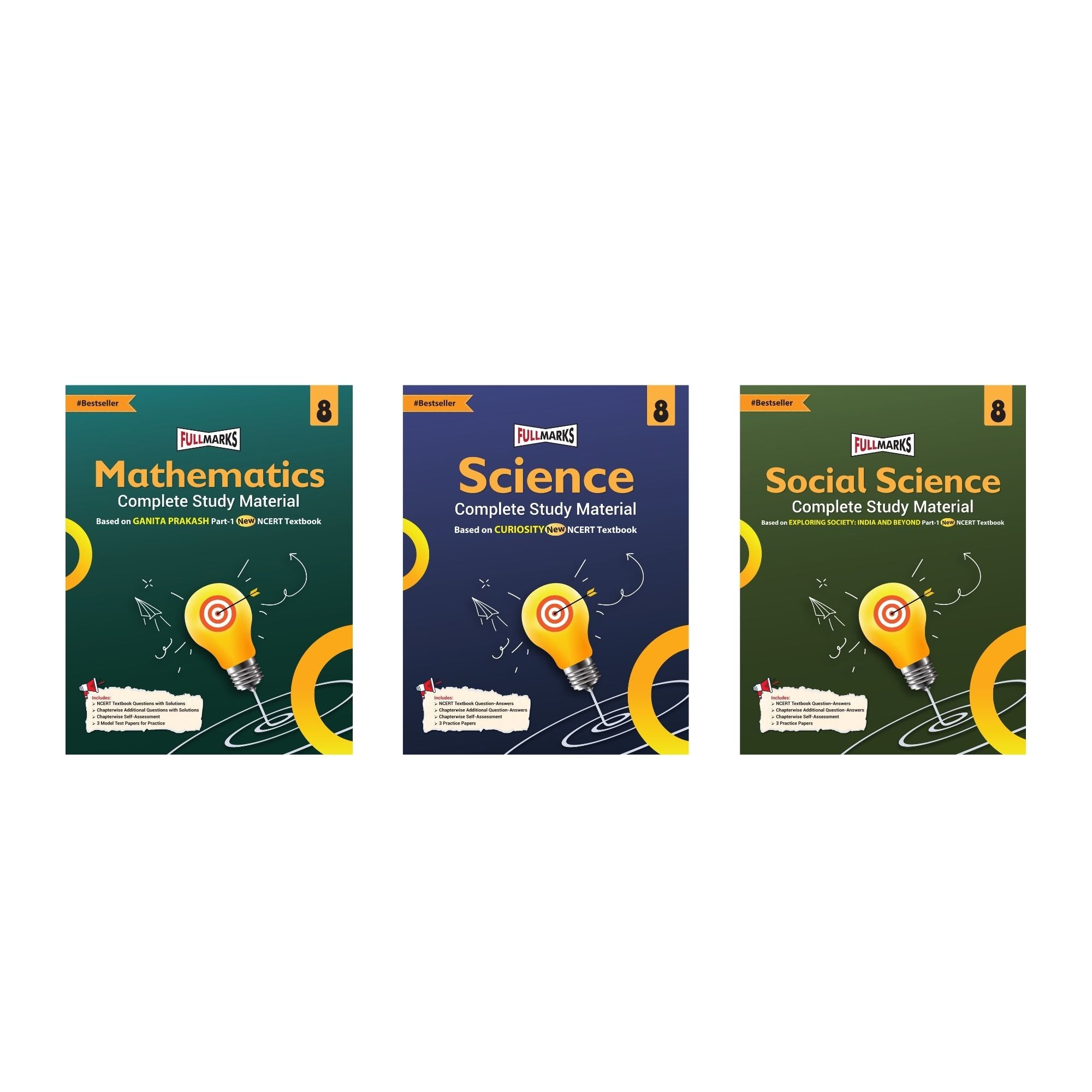 Full Marks Class 8 Combo of 3 Books - Mathematics (GANITA PRAKASH) + Science (CURIOSITY) + Social Science (EXPLORING SOCIETY) | Complete Study Material