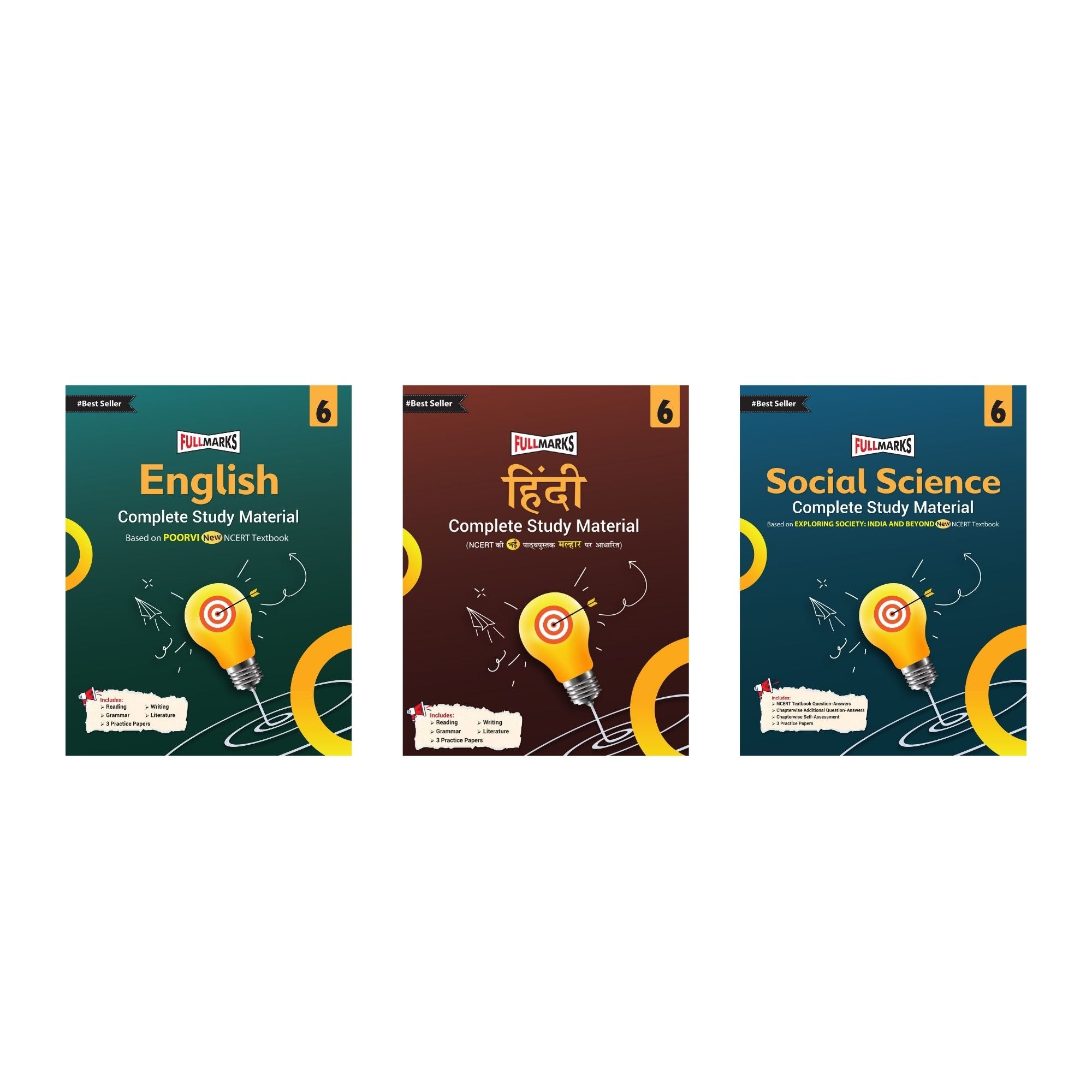 Full Marks Class 6 Combo of 3 Books - English (POORVI) + Hindi (MALHAR) + Social Science (EXPLORING SOCIETY) | Complete Study Material