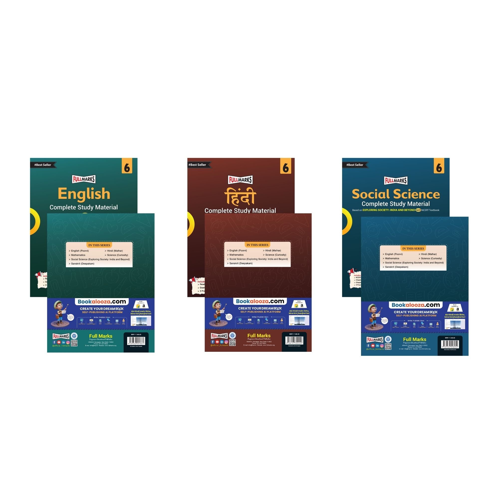 Full Marks Class 6 Combo of 3 Books - English (POORVI) + Hindi (MALHAR) + Social Science (EXPLORING SOCIETY) | Complete Study Material