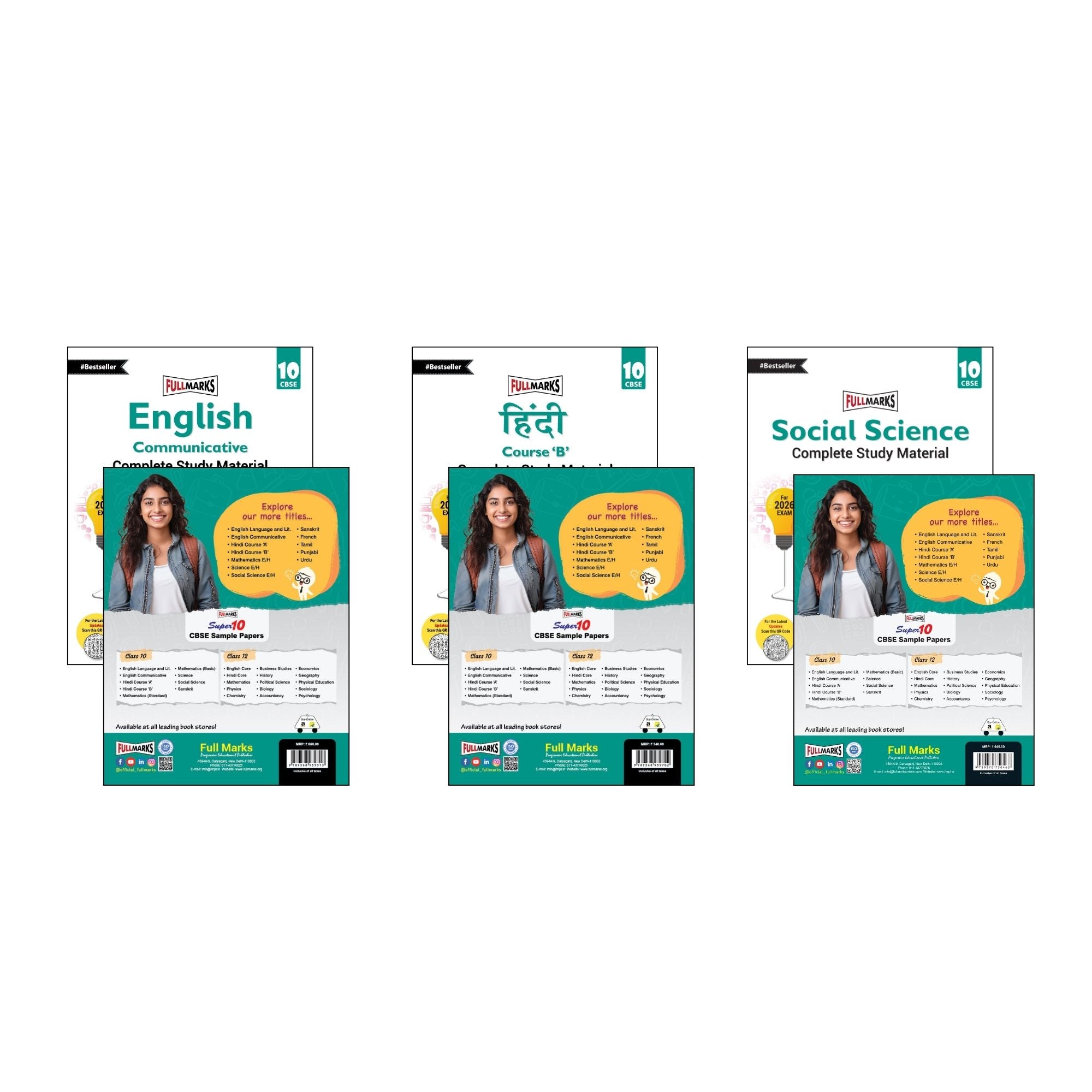 Full Marks Class 10 Combo of 3 Books - English Comm + Hindi B + Social Science | Complete Study Material