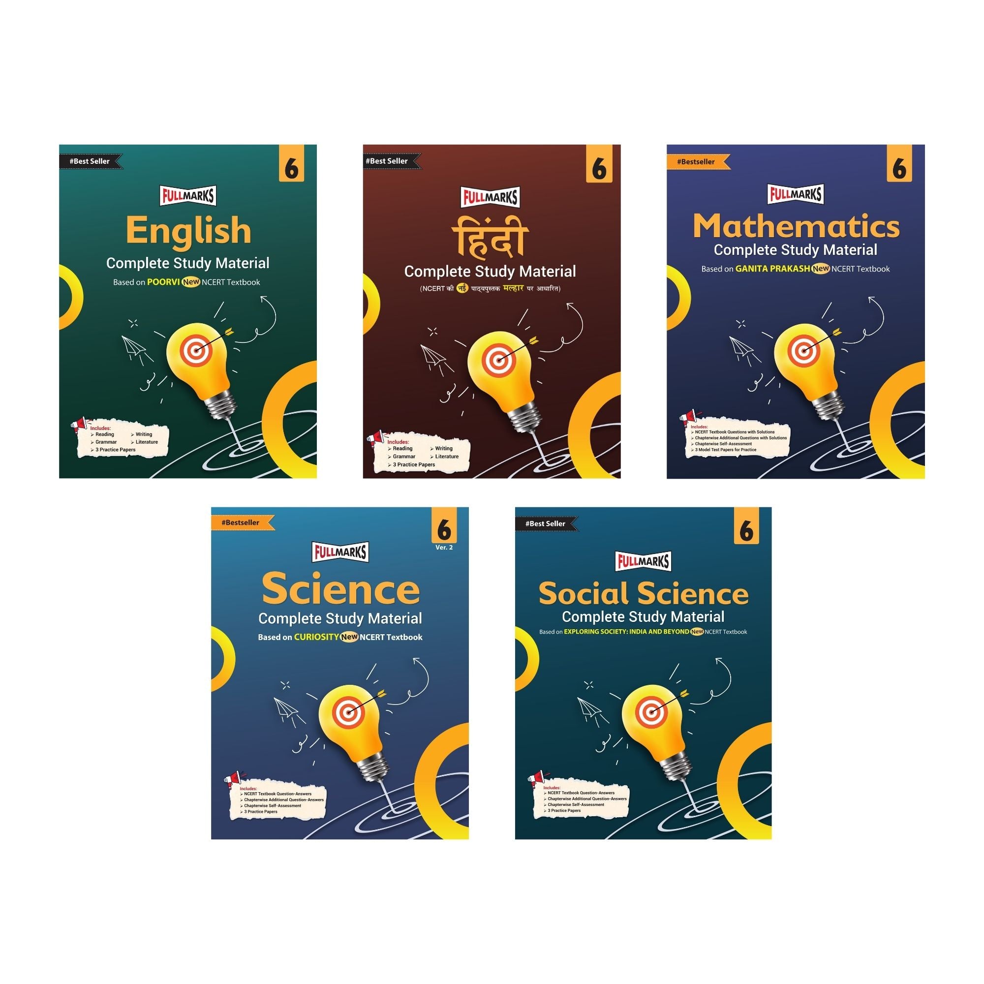 Full Marks Class 6 Combo of 5 Books - English (POORVI) + Hindi (MALHAR) + Mathematics (GANITA PRAKASH) + Science (CURIOSITY) + Social Science (EXPLORING SOCIETY) | Complete Study Material