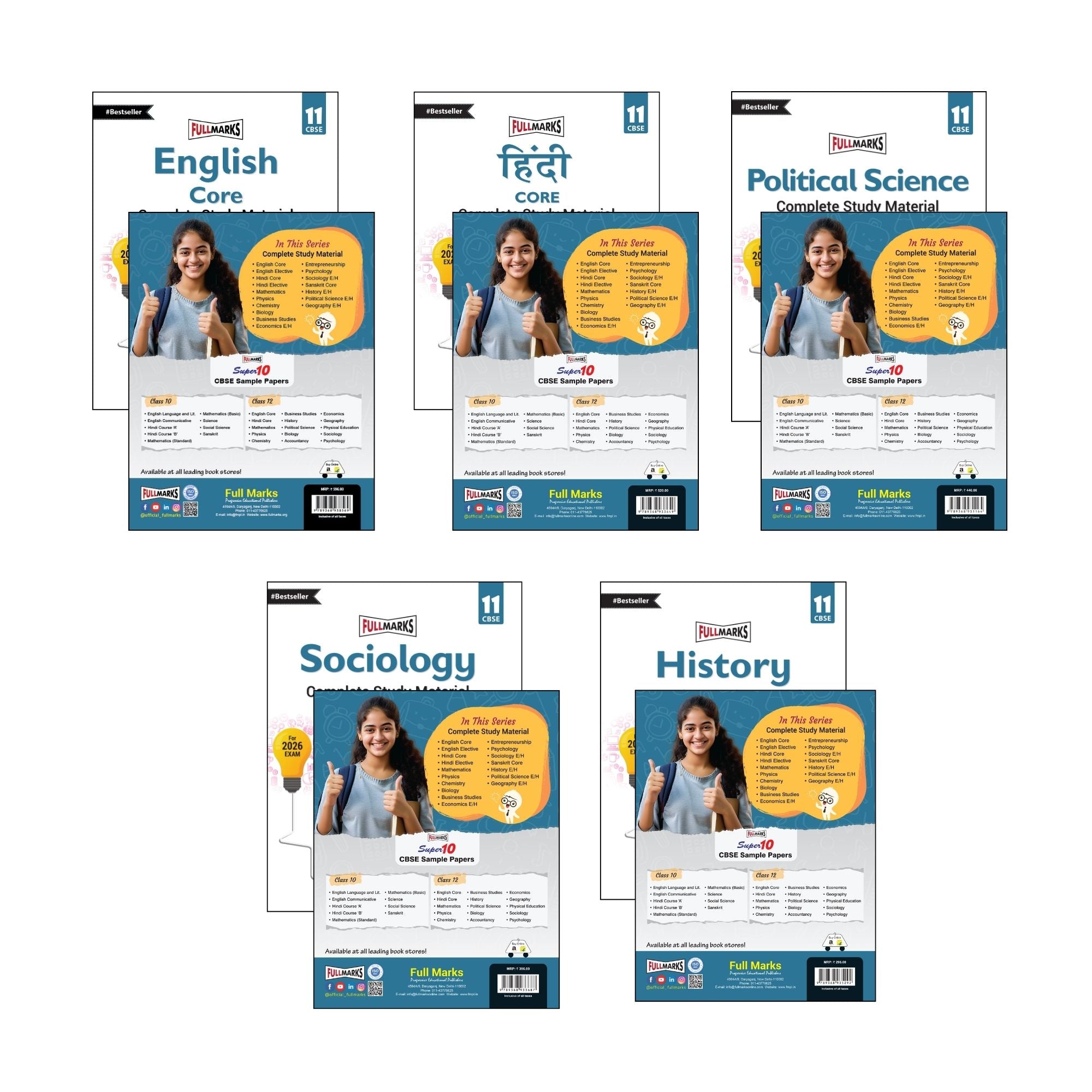 Full Marks Class 11 Combo of 5 Books - English Core + Hindi Core + Political Science + Sociology + History | Complete Study Material