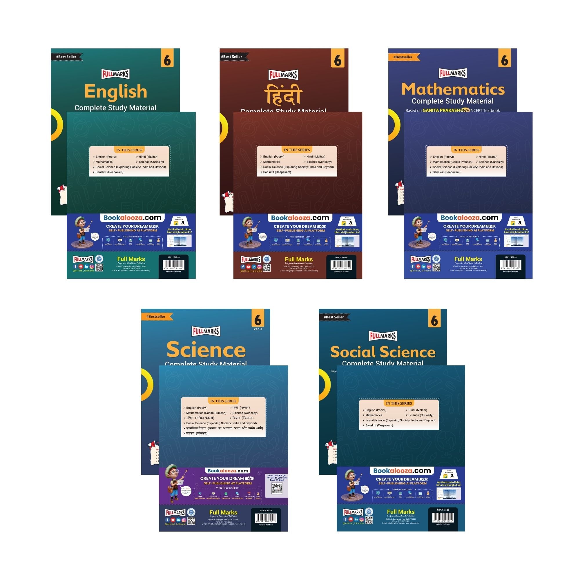Full Marks Class 6 Combo of 5 Books - English (POORVI) + Hindi (MALHAR) + Mathematics (GANITA PRAKASH) + Science (CURIOSITY) + Social Science (EXPLORING SOCIETY) | Complete Study Material