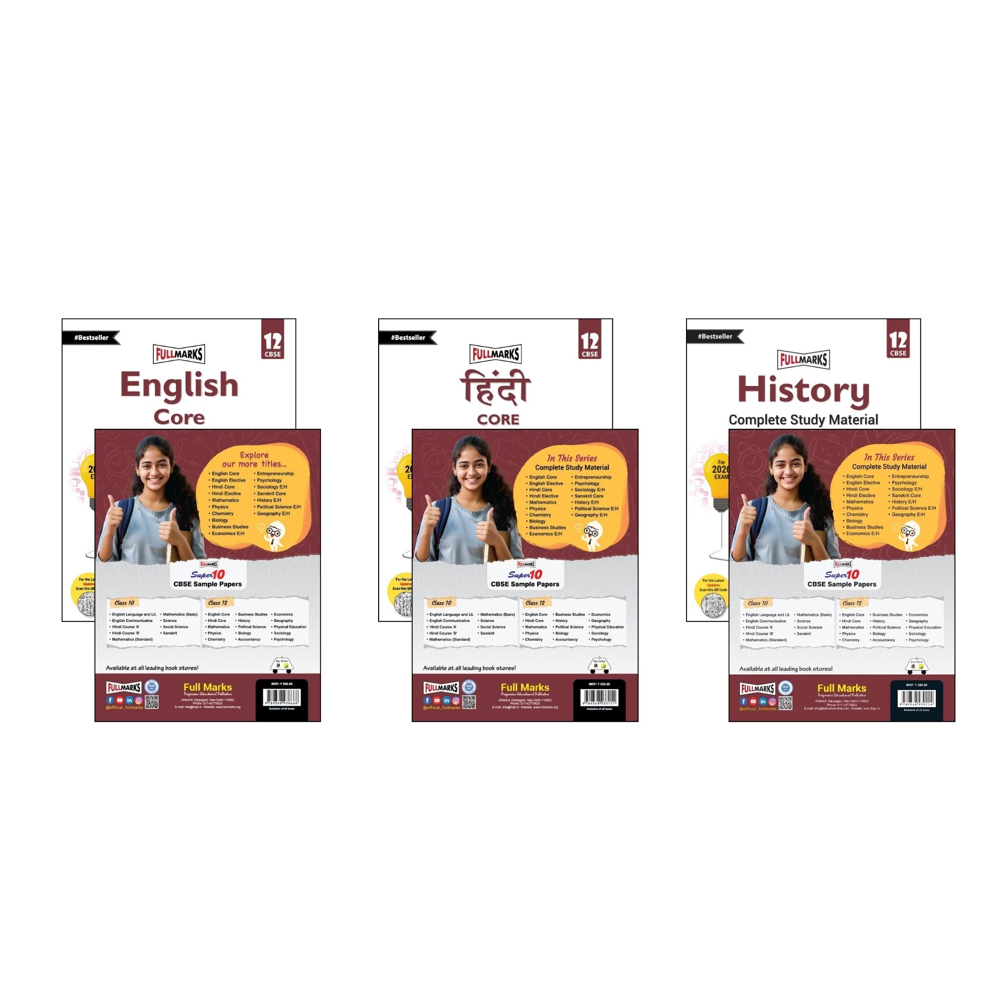 Full Marks Class 12 Combo of 3 Books - English Core + Hindi Core + History | Complete Study Material