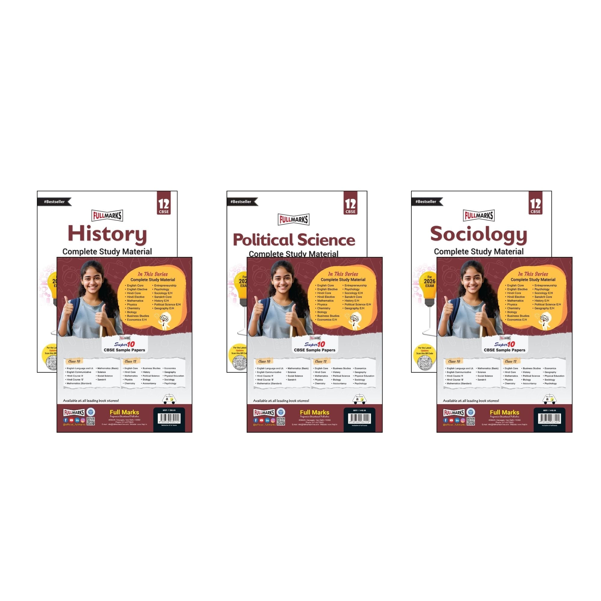 Full Marks Class 12 Combo of 3 Books - History + Political Science + Sociology | Complete Study Material