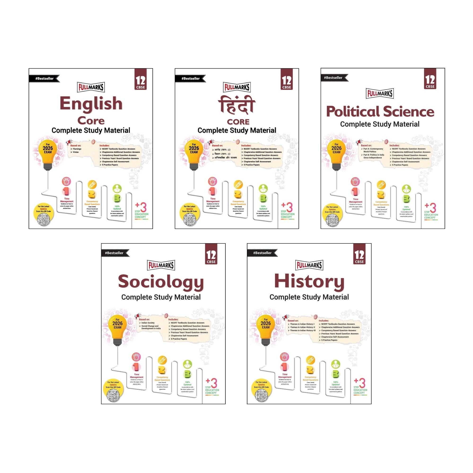Full Marks Class 12 Combo of 5 Books - English Core + Hindi Core + Political Science + Sociology + History | Complete Study Material
