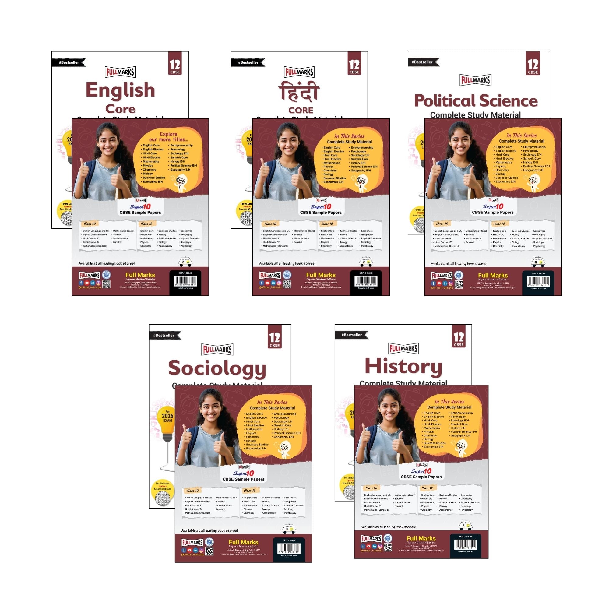 Full Marks Class 12 Combo of 5 Books - English Core + Hindi Core + Political Science + Sociology + History | Complete Study Material