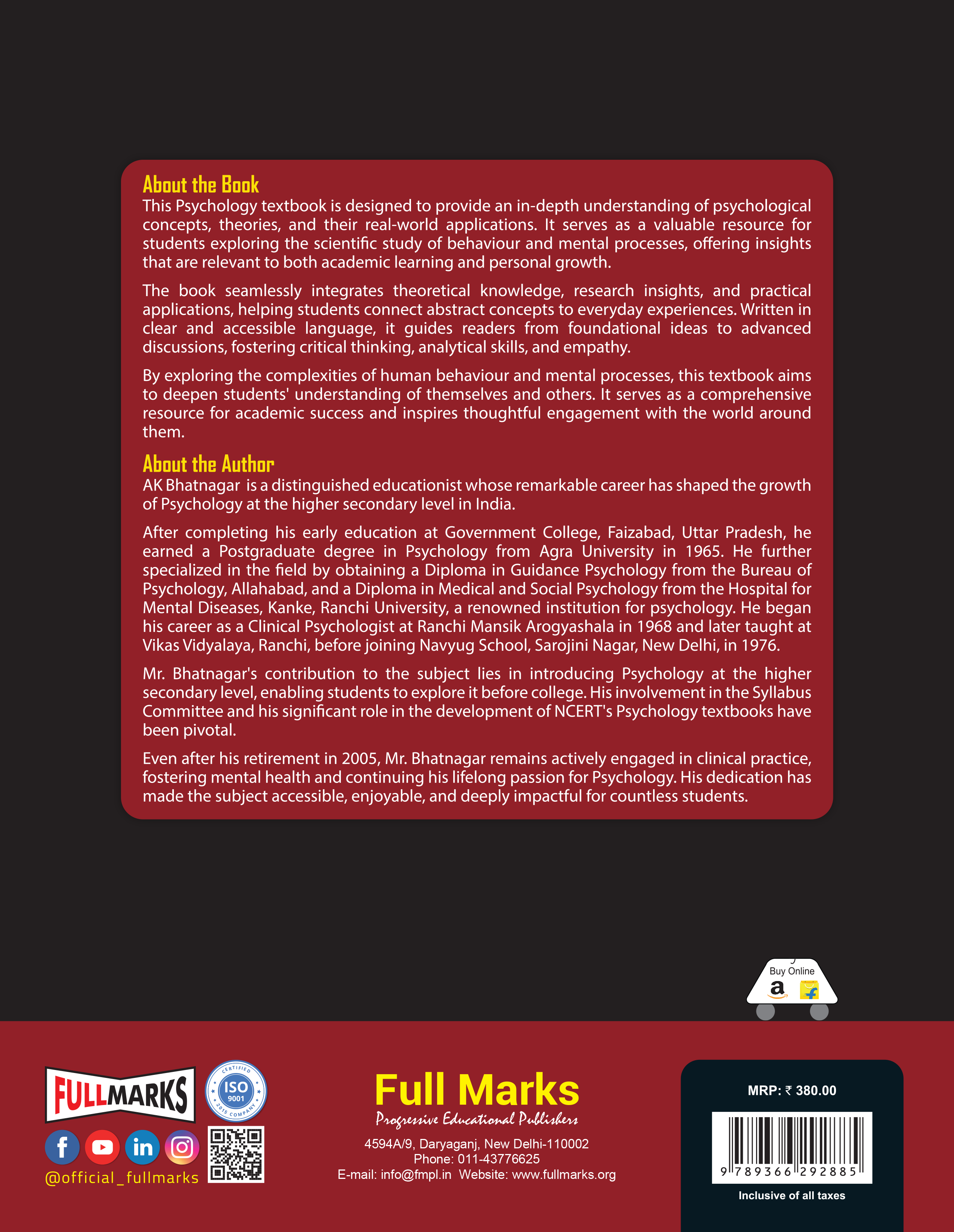 Full Marks Psychology Textbook for Class 11 | Based on the Latest CBSE Syllabus | Subject Code 037