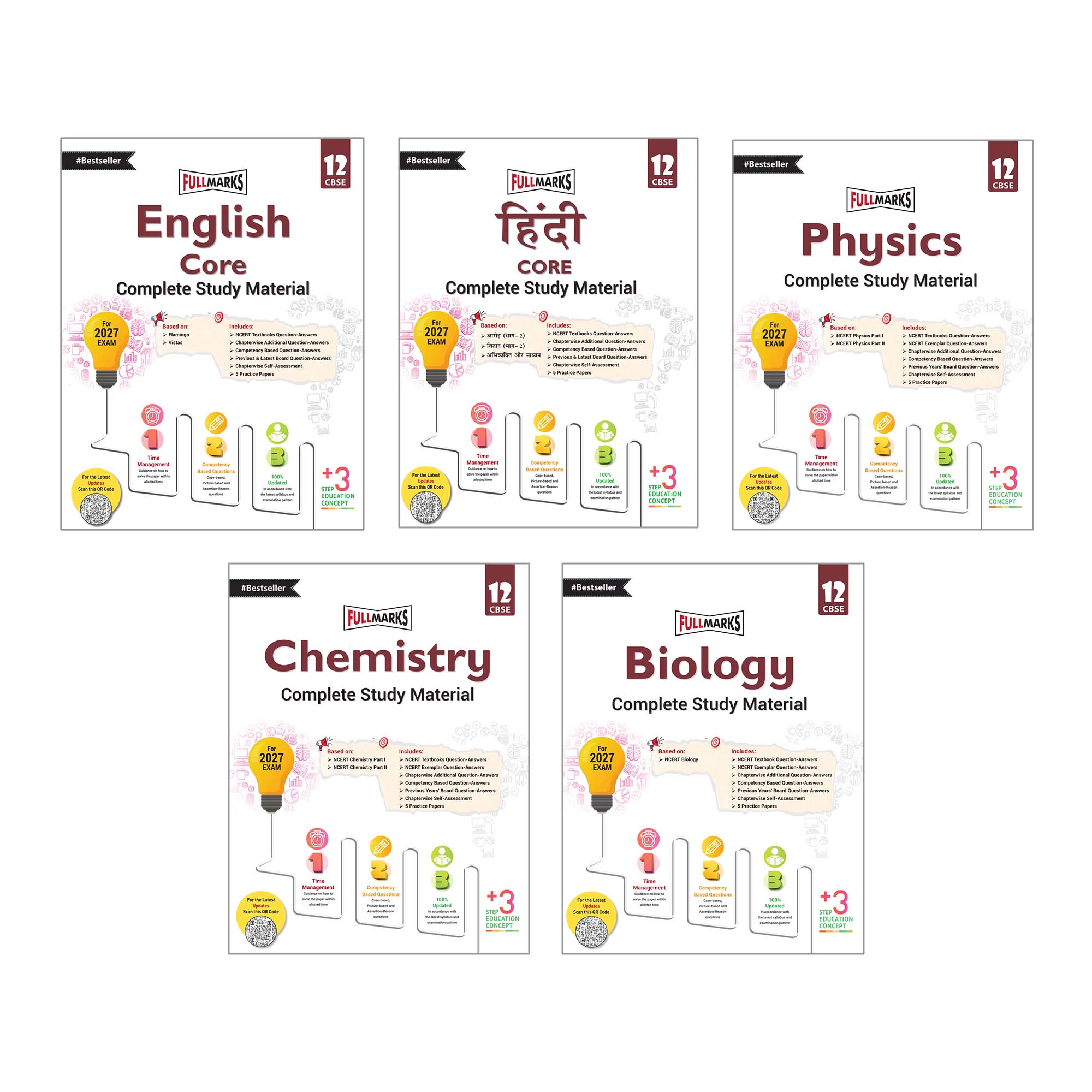 Full Marks Class 12 Combo of 5 Books - English Core + Hindi Core + Physics + Chemistry + Biology | Complete Study Material