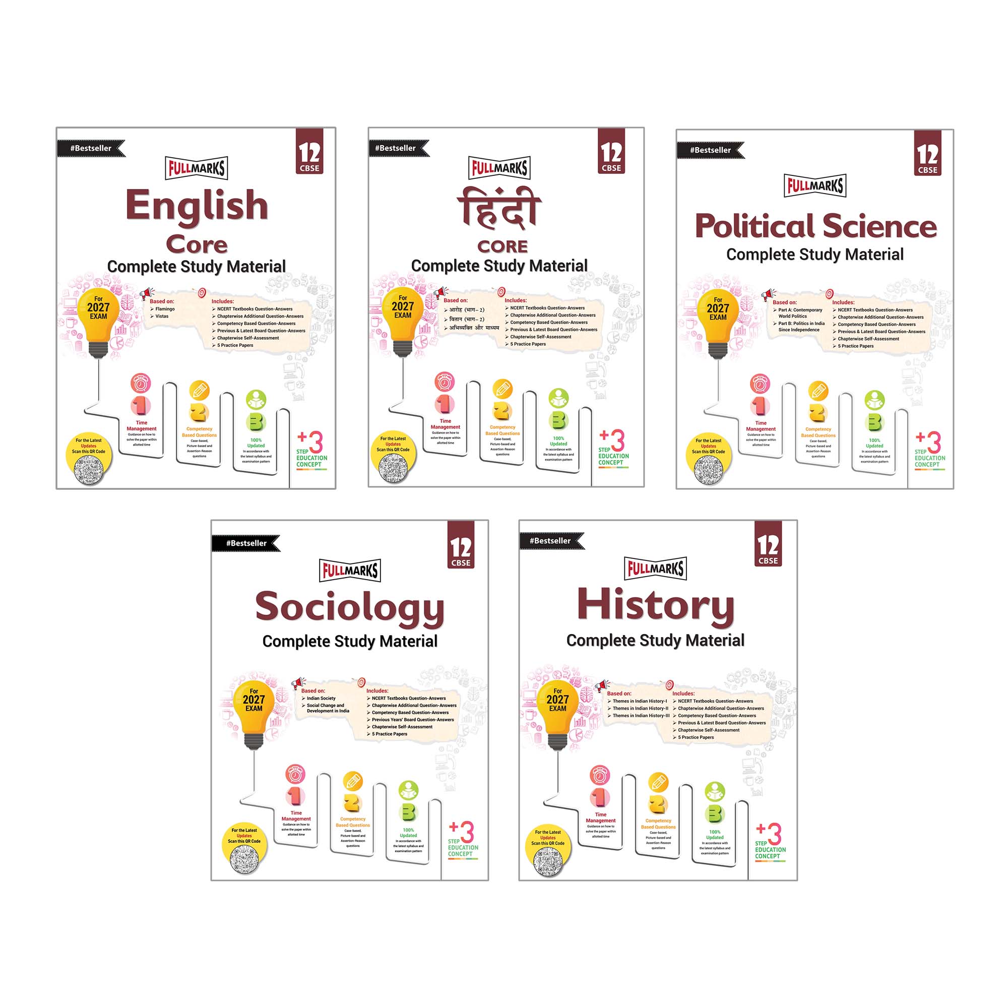Full Marks Class 12 Combo of 5 Books - English Core + Hindi Core + Political Science + Sociology + History | Complete Study Material