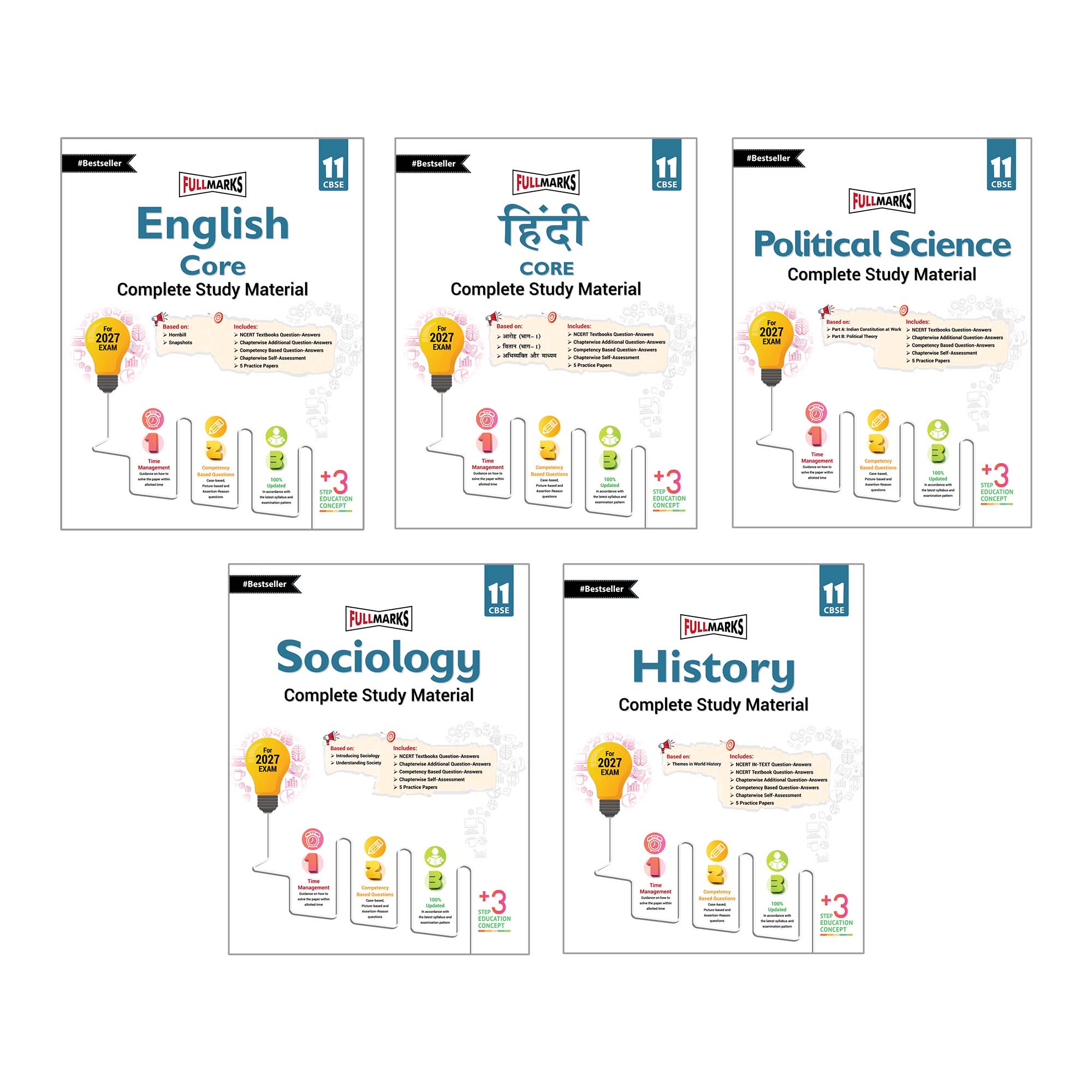 Full Marks Class 11 Combo of 5 Books - English Core + Hindi Core + Political Science + Sociology + History | Complete Study Material